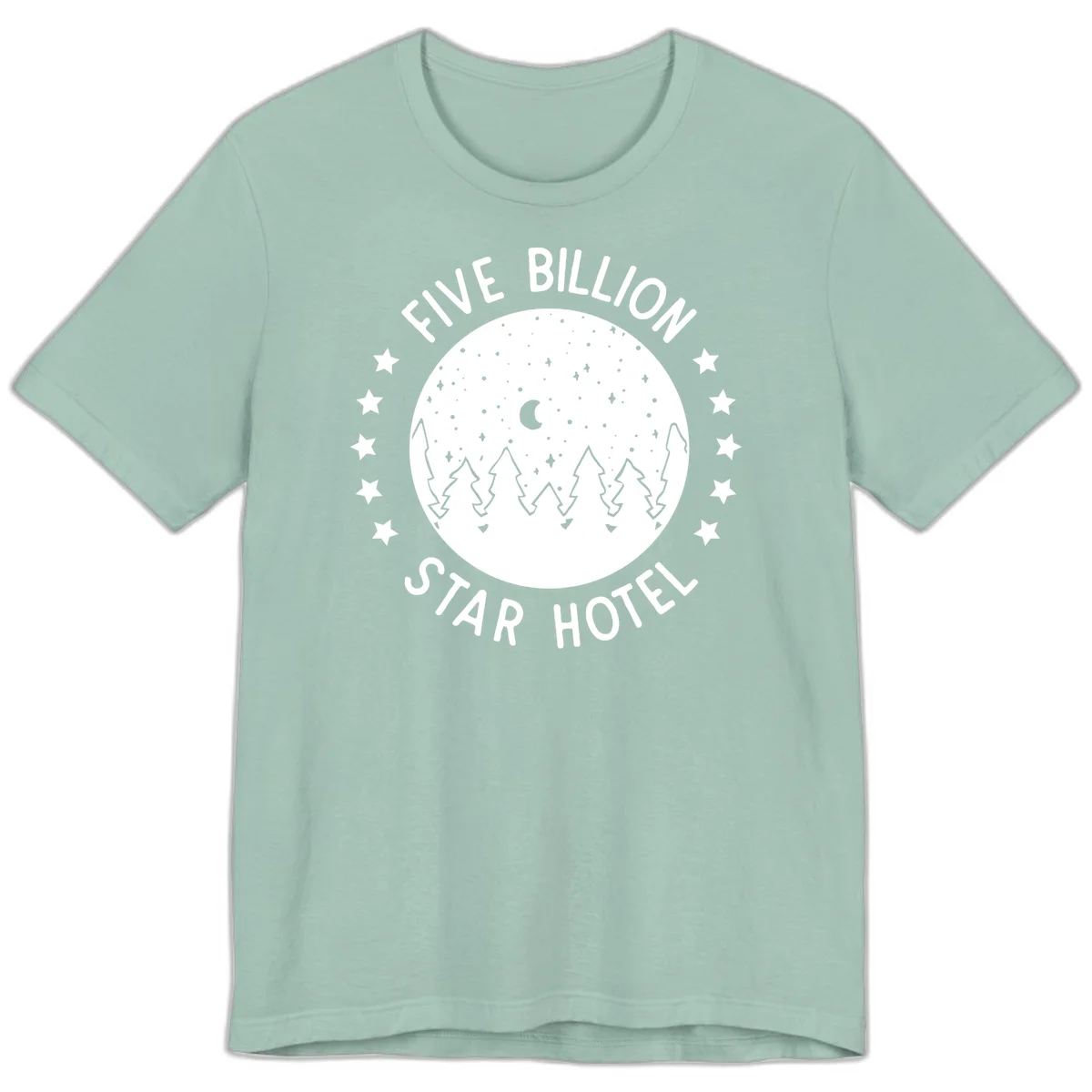 Illustration of crescent moon and pine forest with starry night sky, text reads Five Billion Star Hotel in Dusty Blue