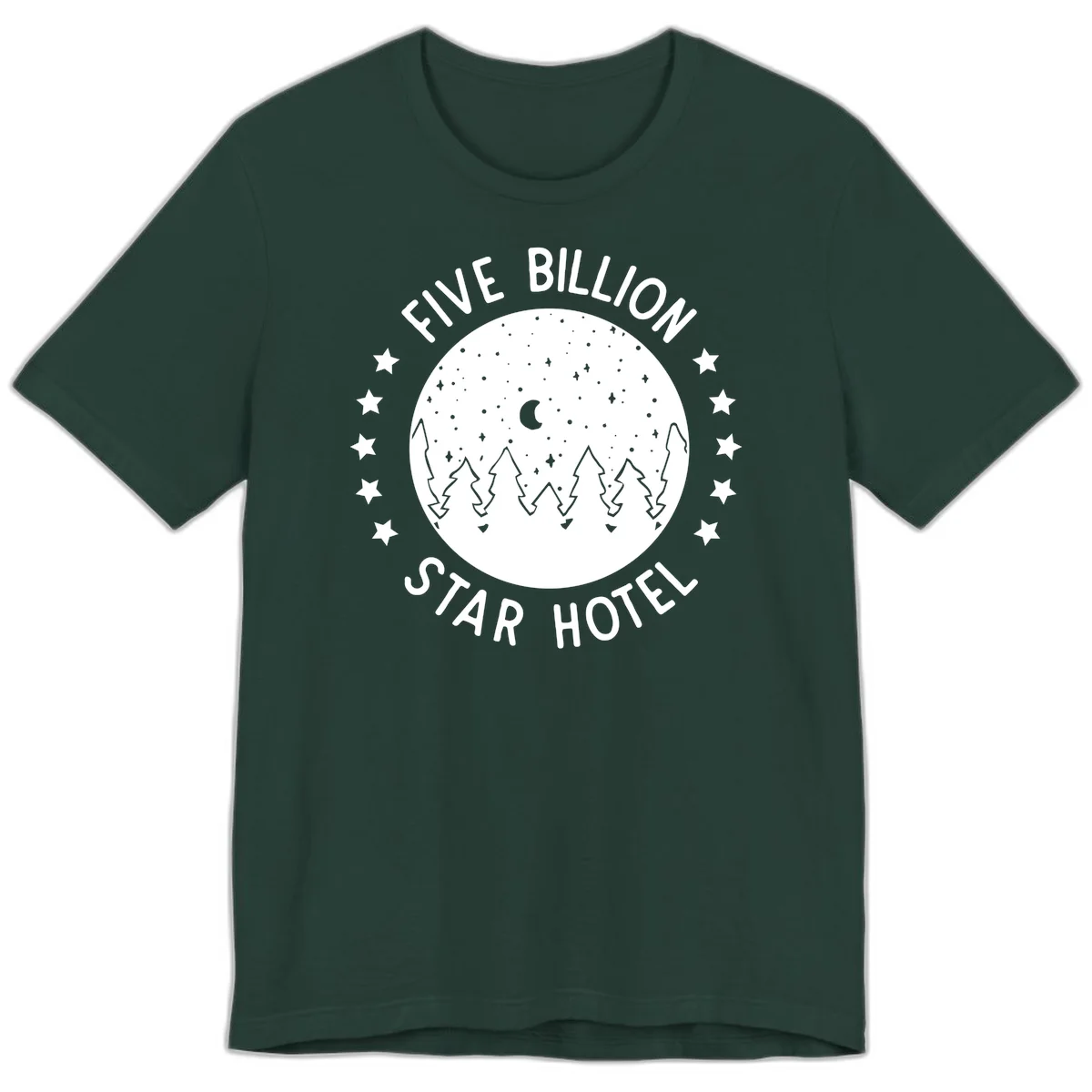 Illustration of crescent moon and pine forest with starry night sky, text reads Five Billion Star Hotel in Forest