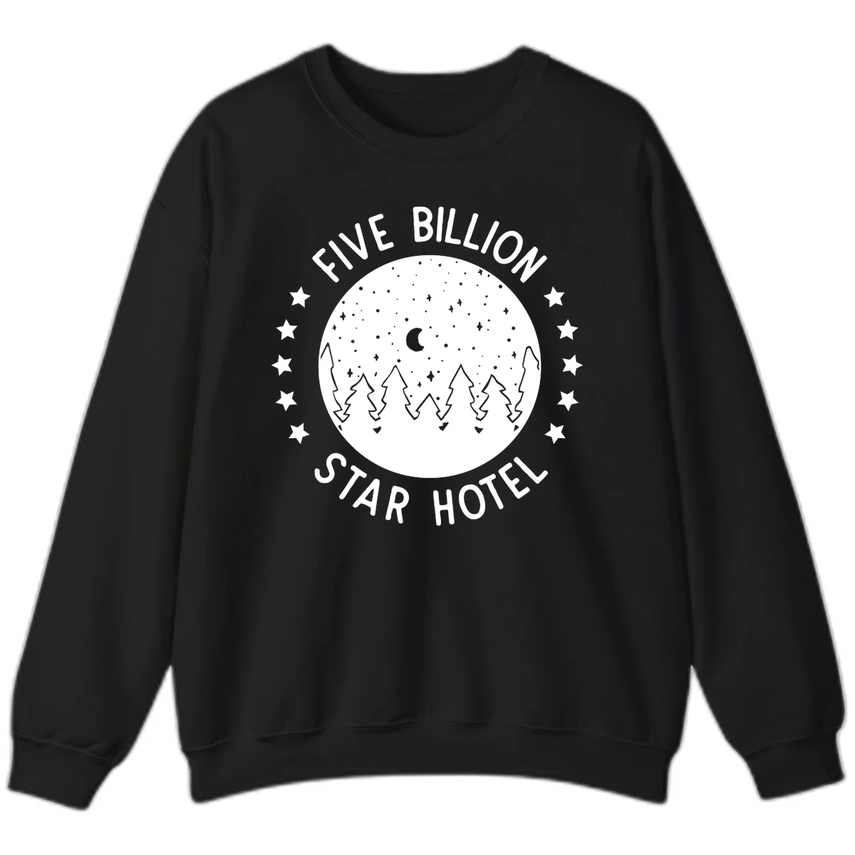 Illustration of crescent moon and pine forest with starry night sky, text reads Five Billion Star Hotel in Black