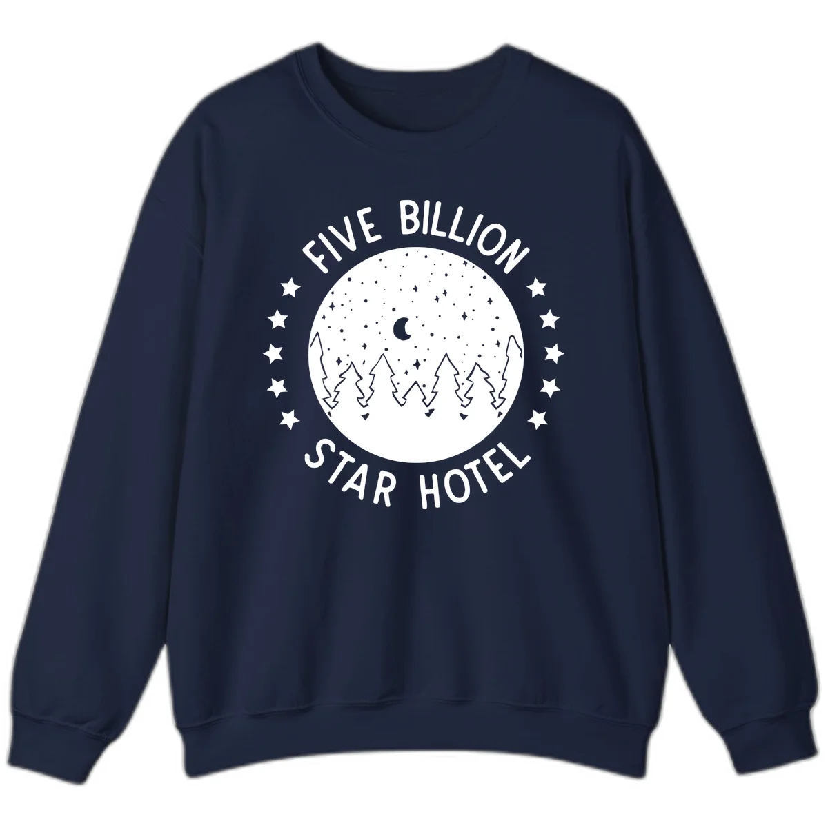 Illustration of crescent moon and pine forest with starry night sky, text reads Five Billion Star Hotel in Navy