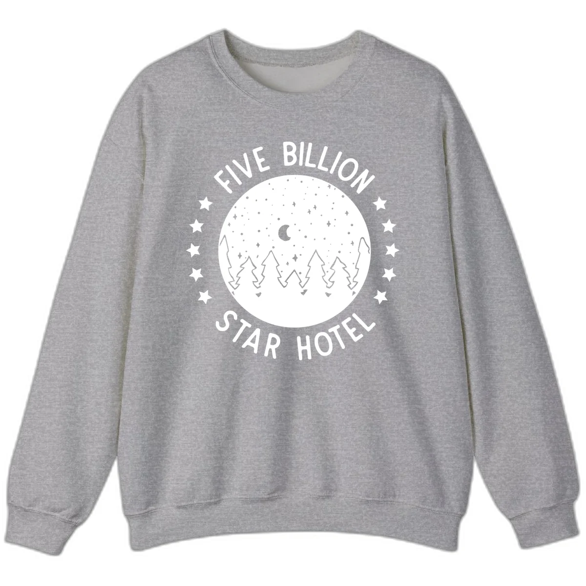 Illustration of crescent moon and pine forest with starry night sky, text reads Five Billion Star Hotel in Sport Grey