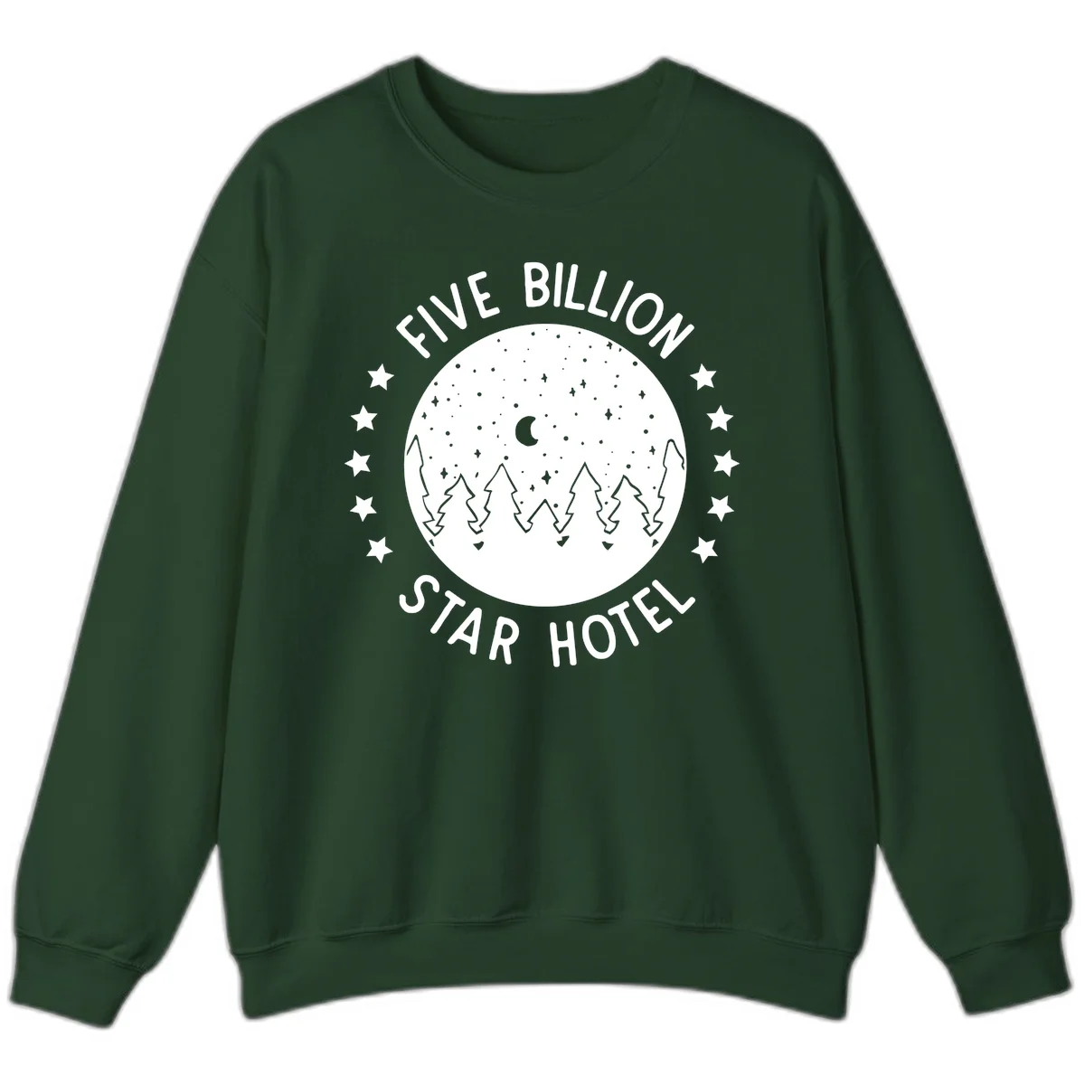 Illustration of crescent moon and pine forest with starry night sky, text reads Five Billion Star Hotel in Forest Green