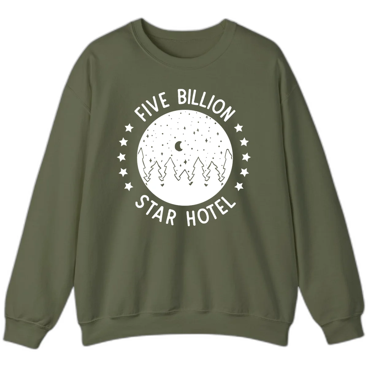 Illustration of crescent moon and pine forest with starry night sky, text reads Five Billion Star Hotel in Military Green