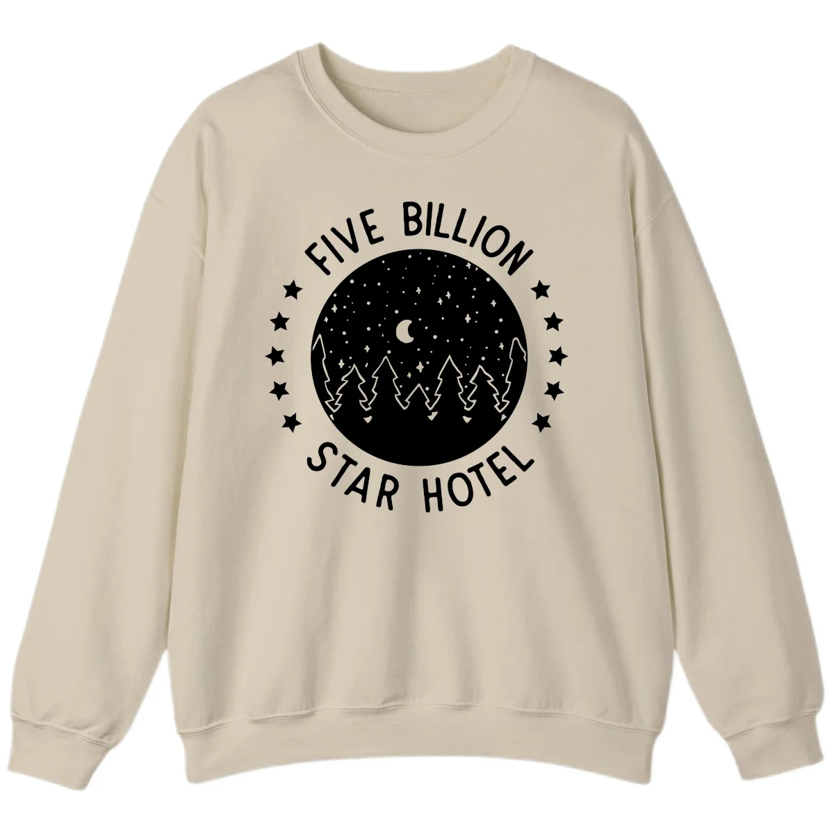 Illustration of crescent moon and pine forest with starry night sky, text reads Five Billion Star Hotel in Sand