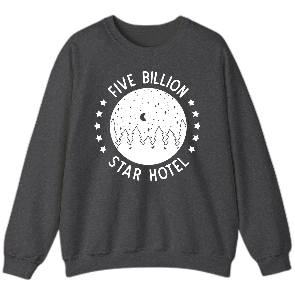 Illustration of crescent moon and pine forest with starry night sky, text reads Five Billion Star Hotel in Dark Heather