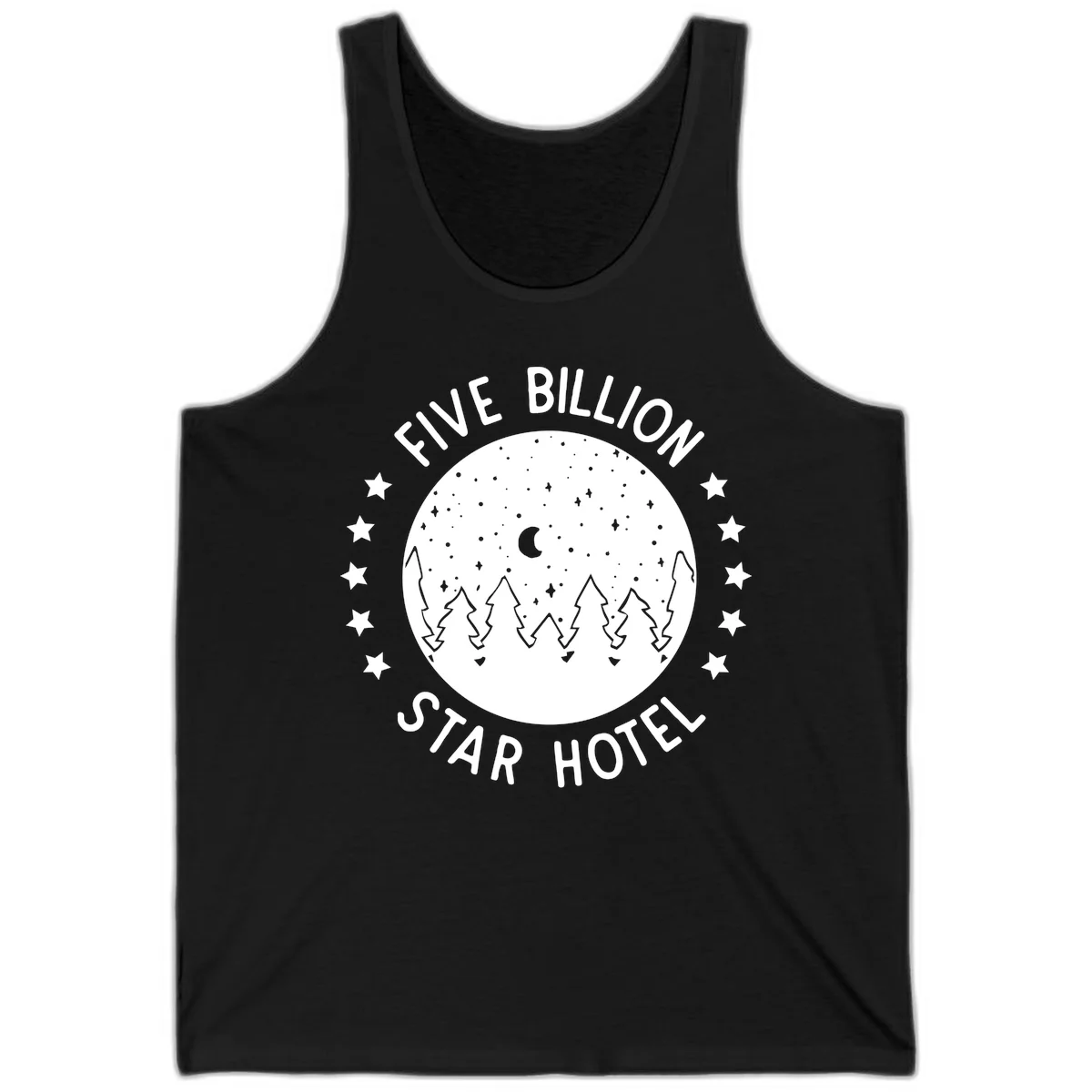 Illustration of crescent moon and pine forest with starry night sky, text reads Five Billion Star Hotel in Black