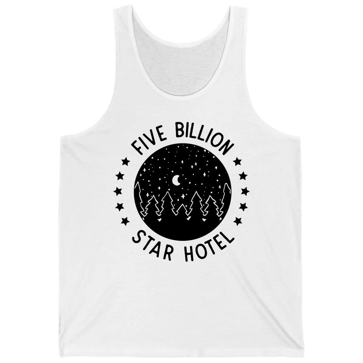 Illustration of crescent moon and pine forest with starry night sky, text reads Five Billion Star Hotel in White
