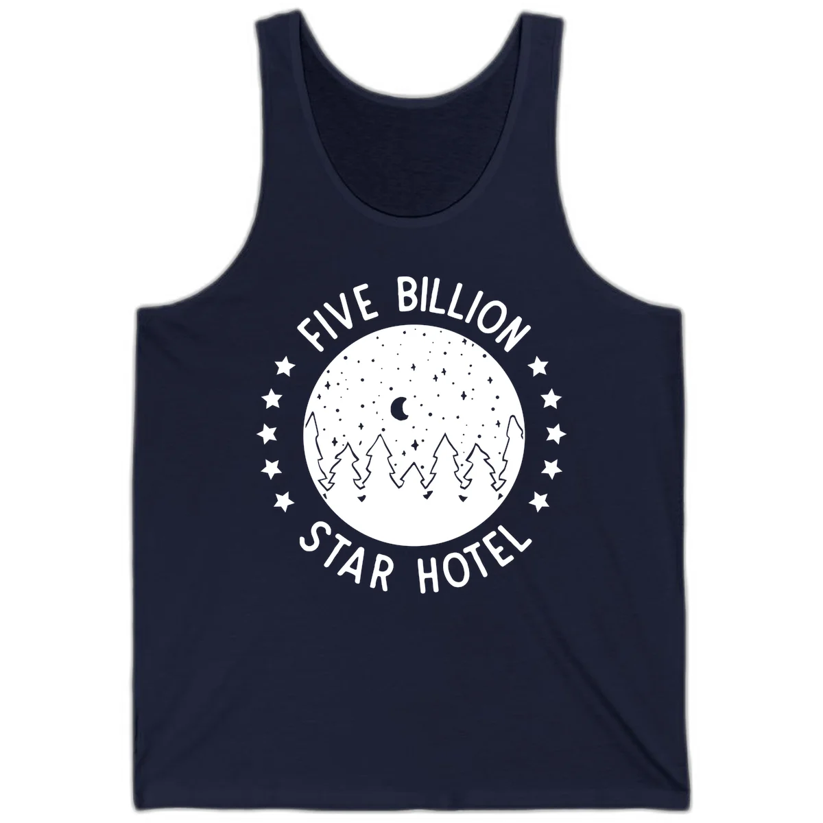 Illustration of crescent moon and pine forest with starry night sky, text reads Five Billion Star Hotel in Navy