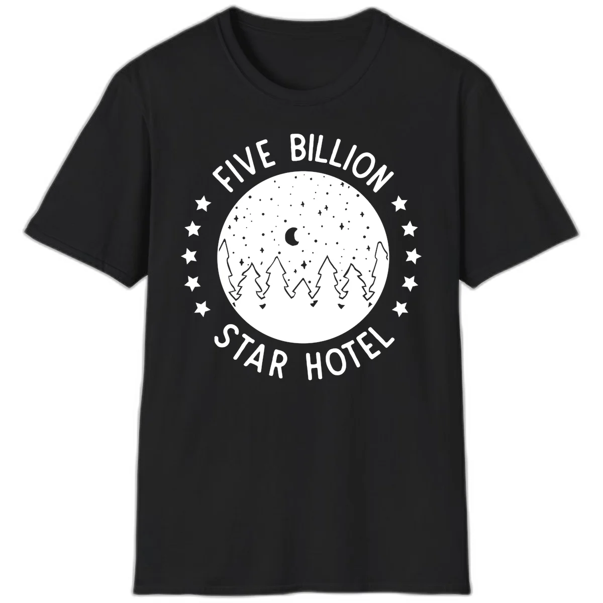 Illustration of crescent moon and pine forest with starry night sky, text reads Five Billion Star Hotel in Black