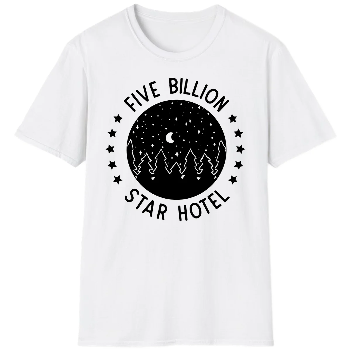 Illustration of crescent moon and pine forest with starry night sky, text reads Five Billion Star Hotel in White
