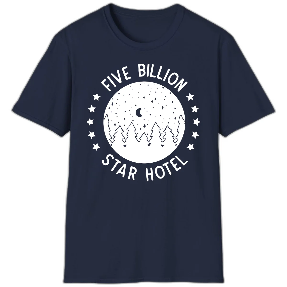 Illustration of crescent moon and pine forest with starry night sky, text reads Five Billion Star Hotel in Navy
