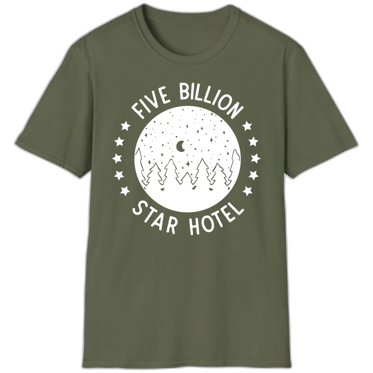 Illustration of crescent moon and pine forest with starry night sky, text reads Five Billion Star Hotel in Military Green