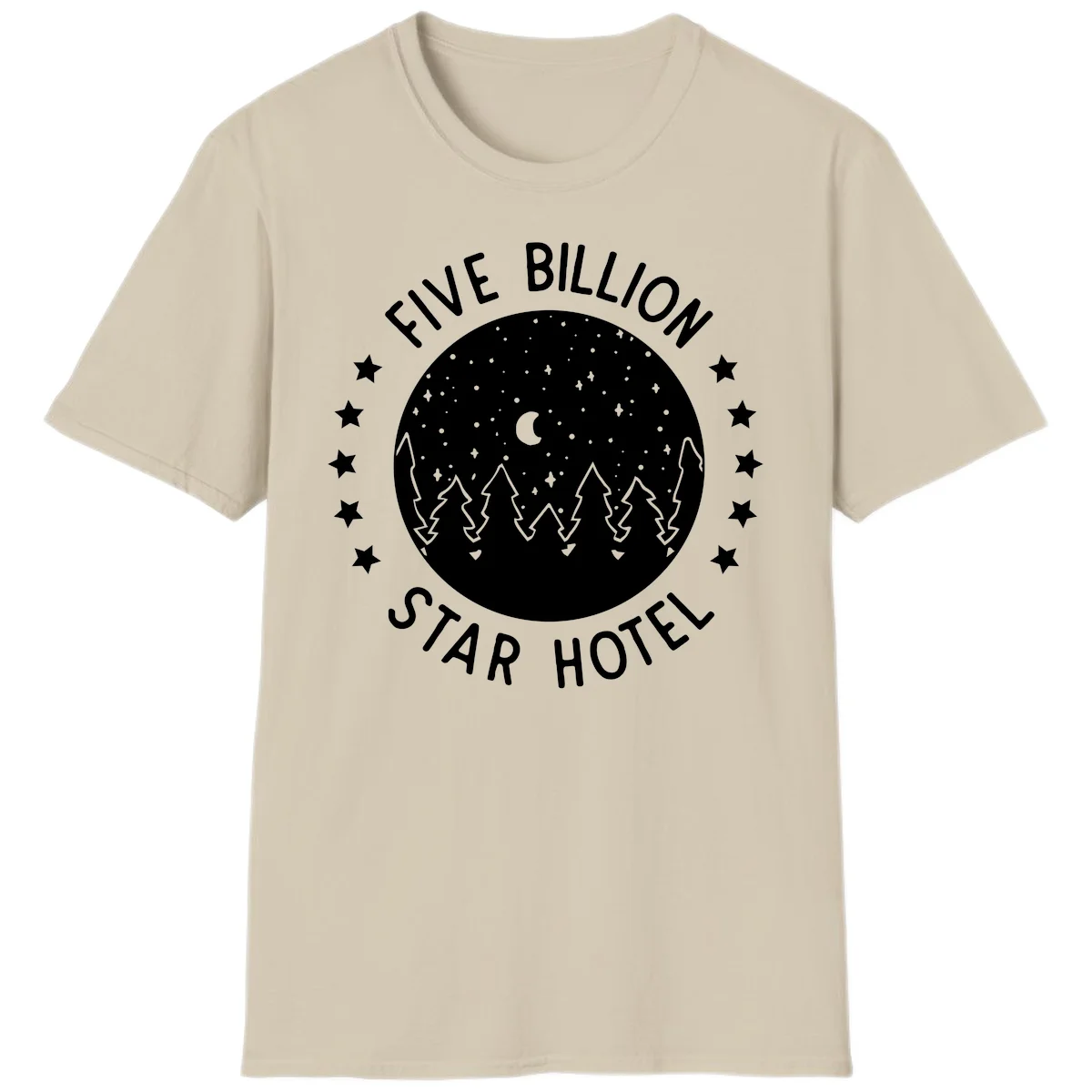 Illustration of crescent moon and pine forest with starry night sky, text reads Five Billion Star Hotel in Sand