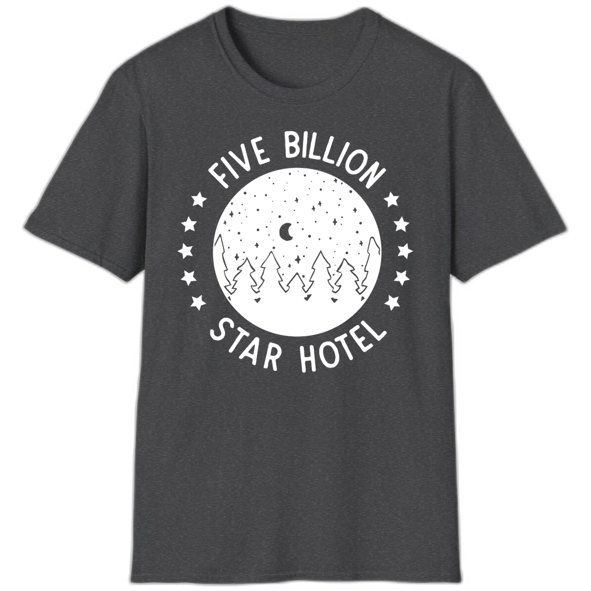 Illustration of crescent moon and pine forest with starry night sky, text reads Five Billion Star Hotel in Dark Heather