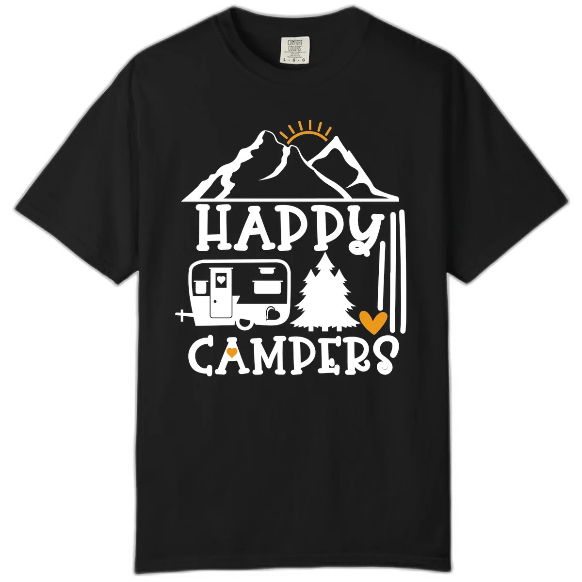 Happy Campers design with mountains, sun, RV trailer, evergreen tree, and gold hearts on gray background in Black