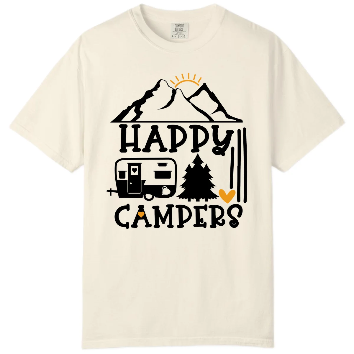 Happy Campers design with mountains, sun, RV trailer, evergreen tree, and gold hearts on gray background in Ivory