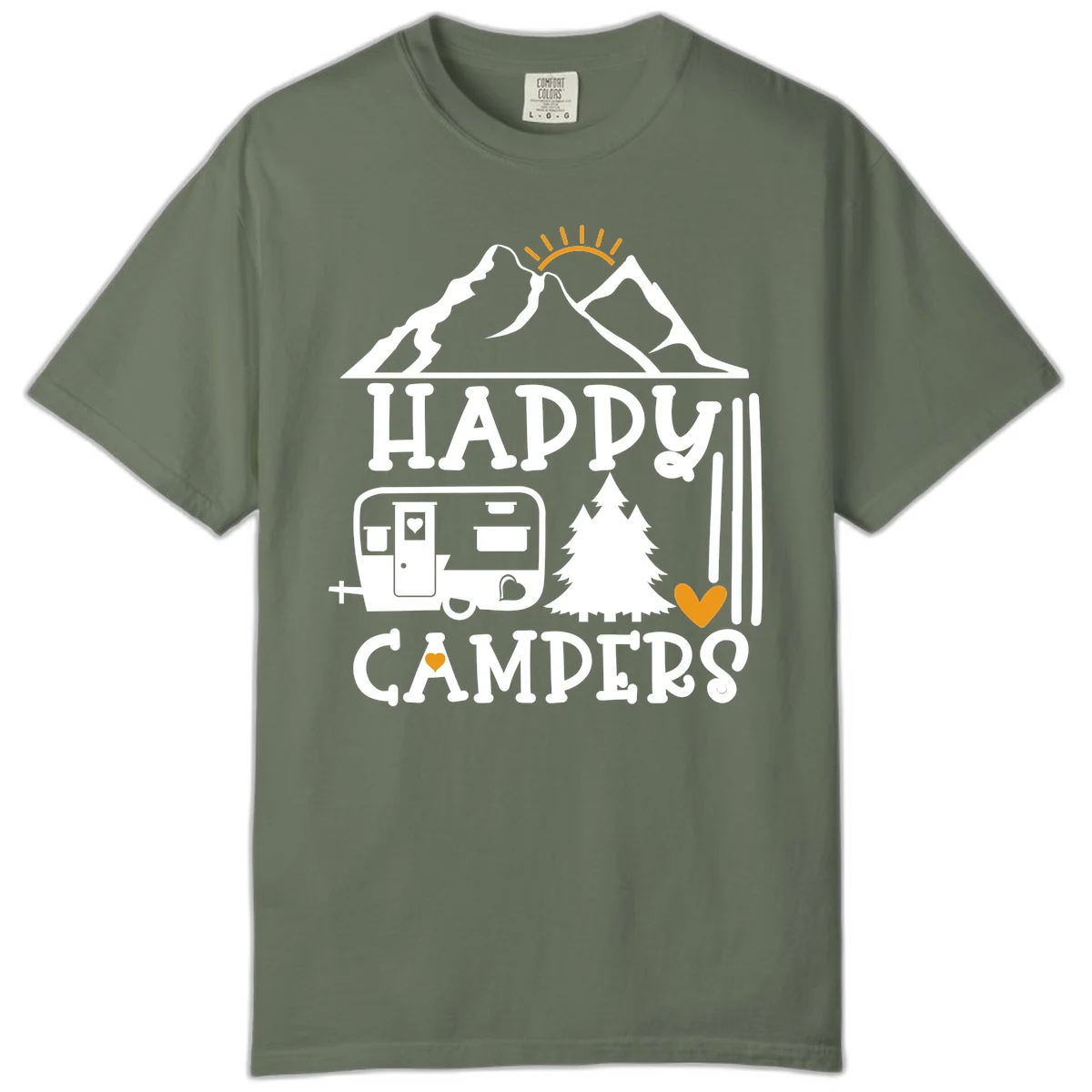 Happy Campers design with mountains, sun, RV trailer, evergreen tree, and gold hearts on gray background in Moss
