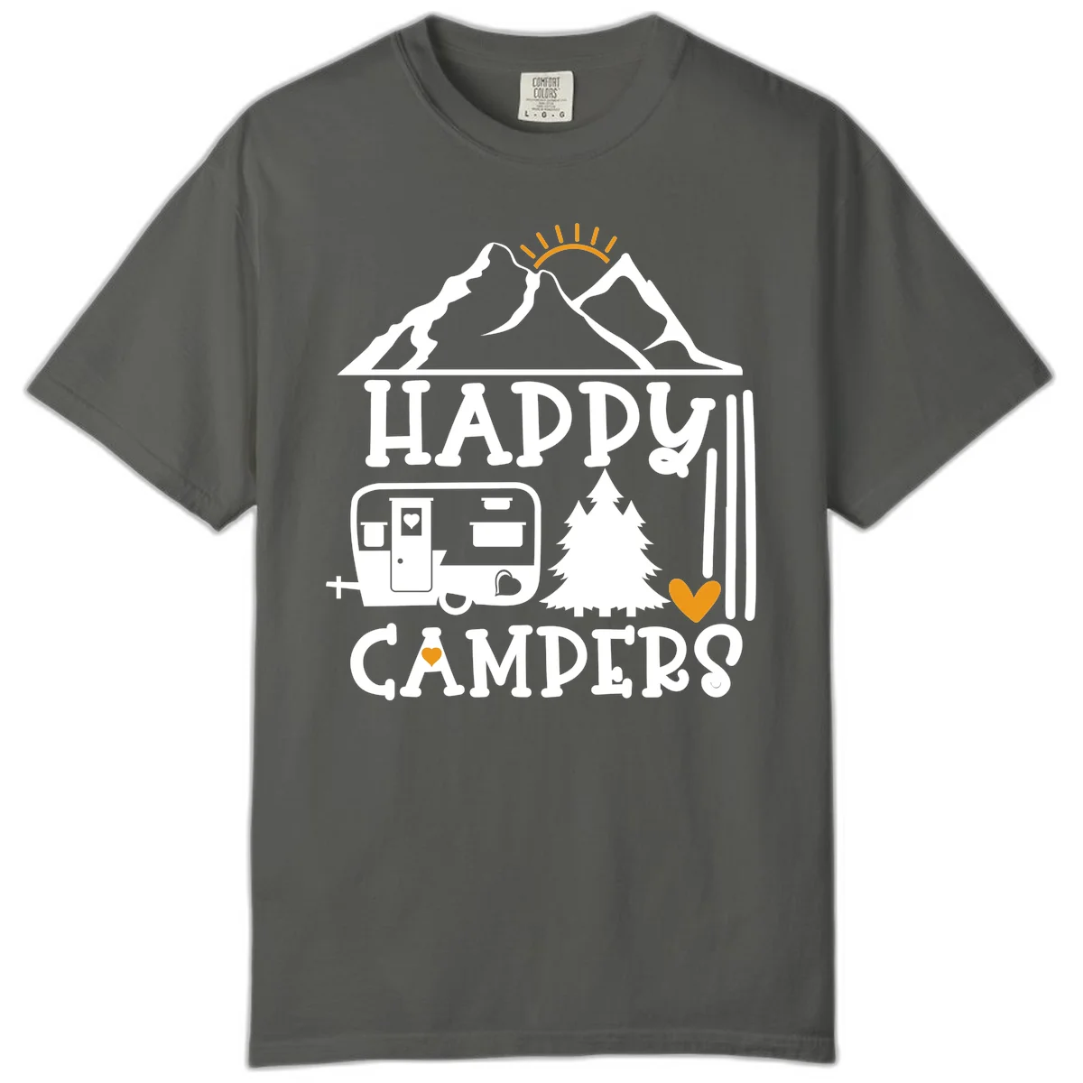 Happy Campers design with mountains, sun, RV trailer, evergreen tree, and gold hearts on gray background in Pepper