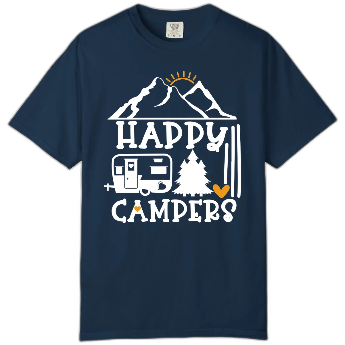 Happy Campers design with mountains, sun, RV trailer, evergreen tree, and gold hearts on gray background in True Navy