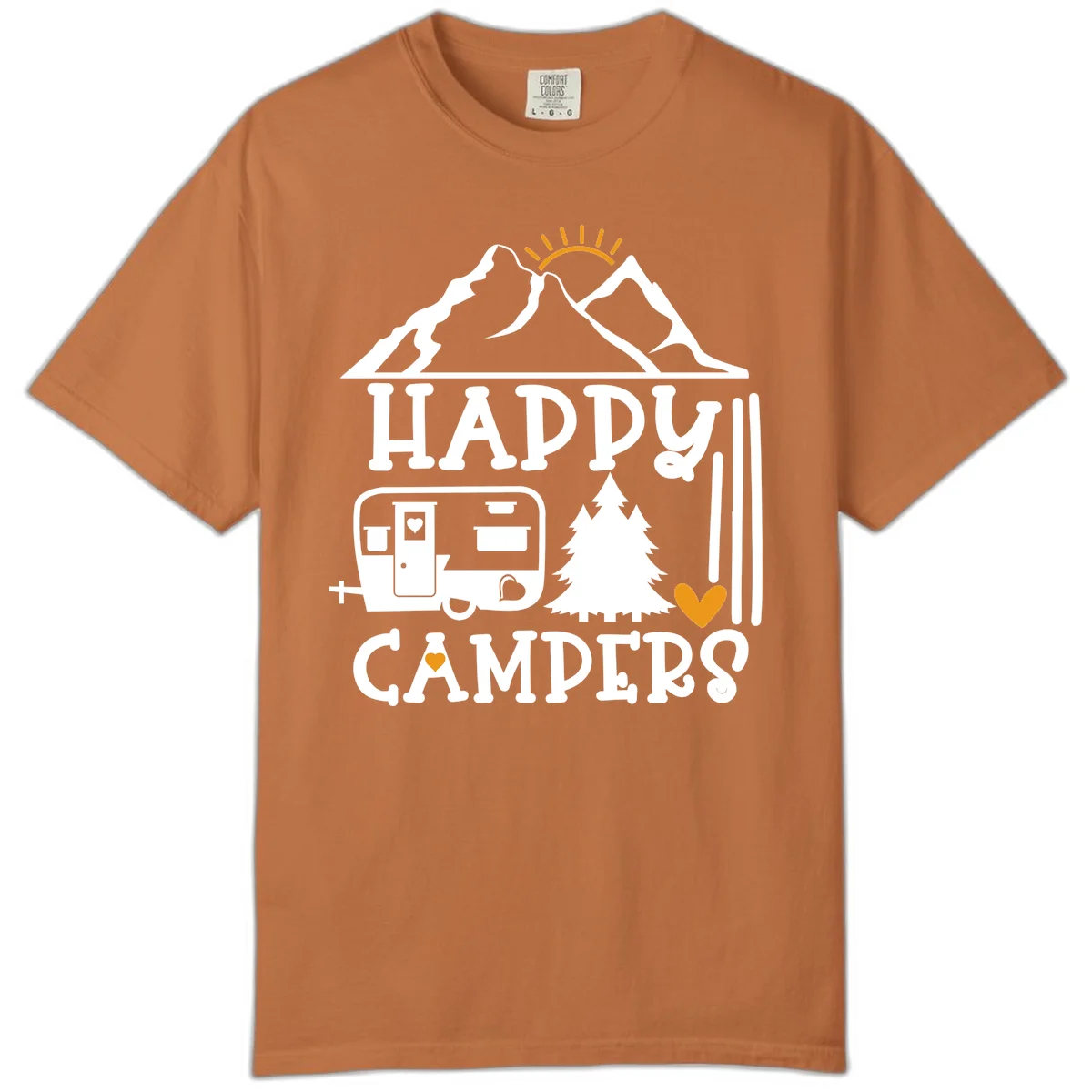 Happy Campers design with mountains, sun, RV trailer, evergreen tree, and gold hearts on gray background in Yam