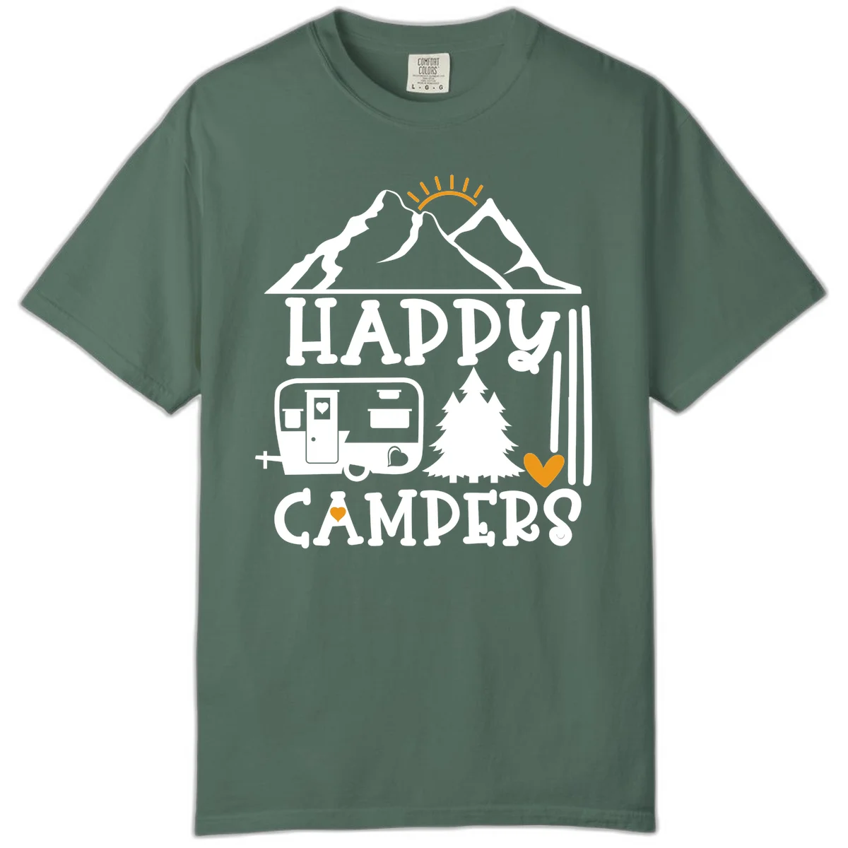 Happy Campers design with mountains, sun, RV trailer, evergreen tree, and gold hearts on gray background in Blue Spruce