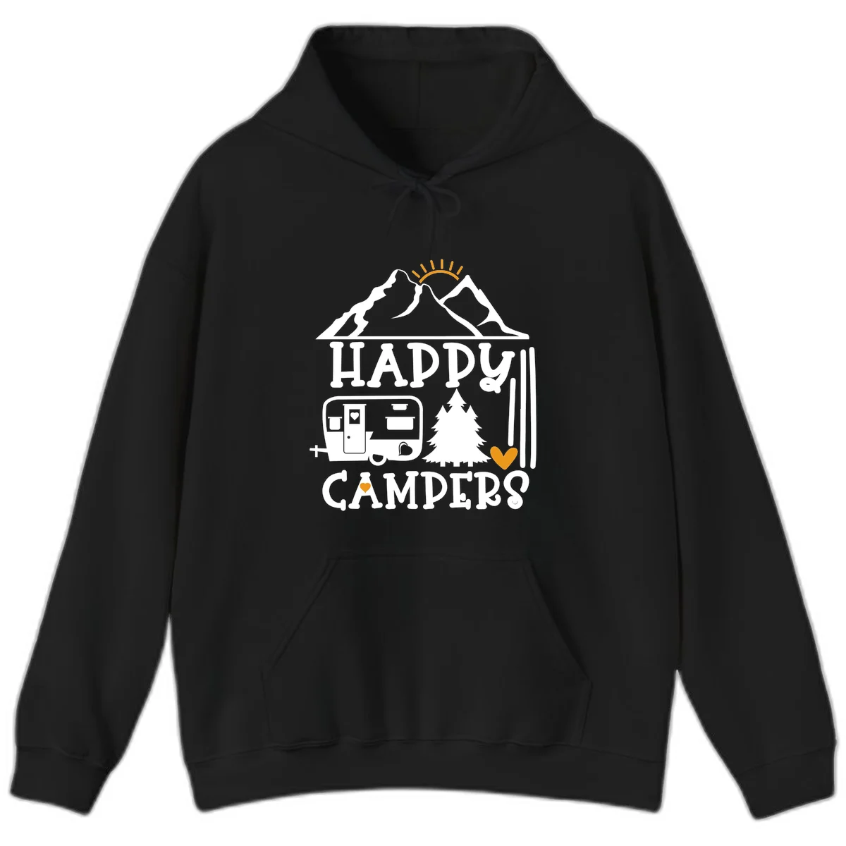 Happy Campers design with mountains, sun, RV trailer, evergreen tree, and gold hearts on gray background in Black