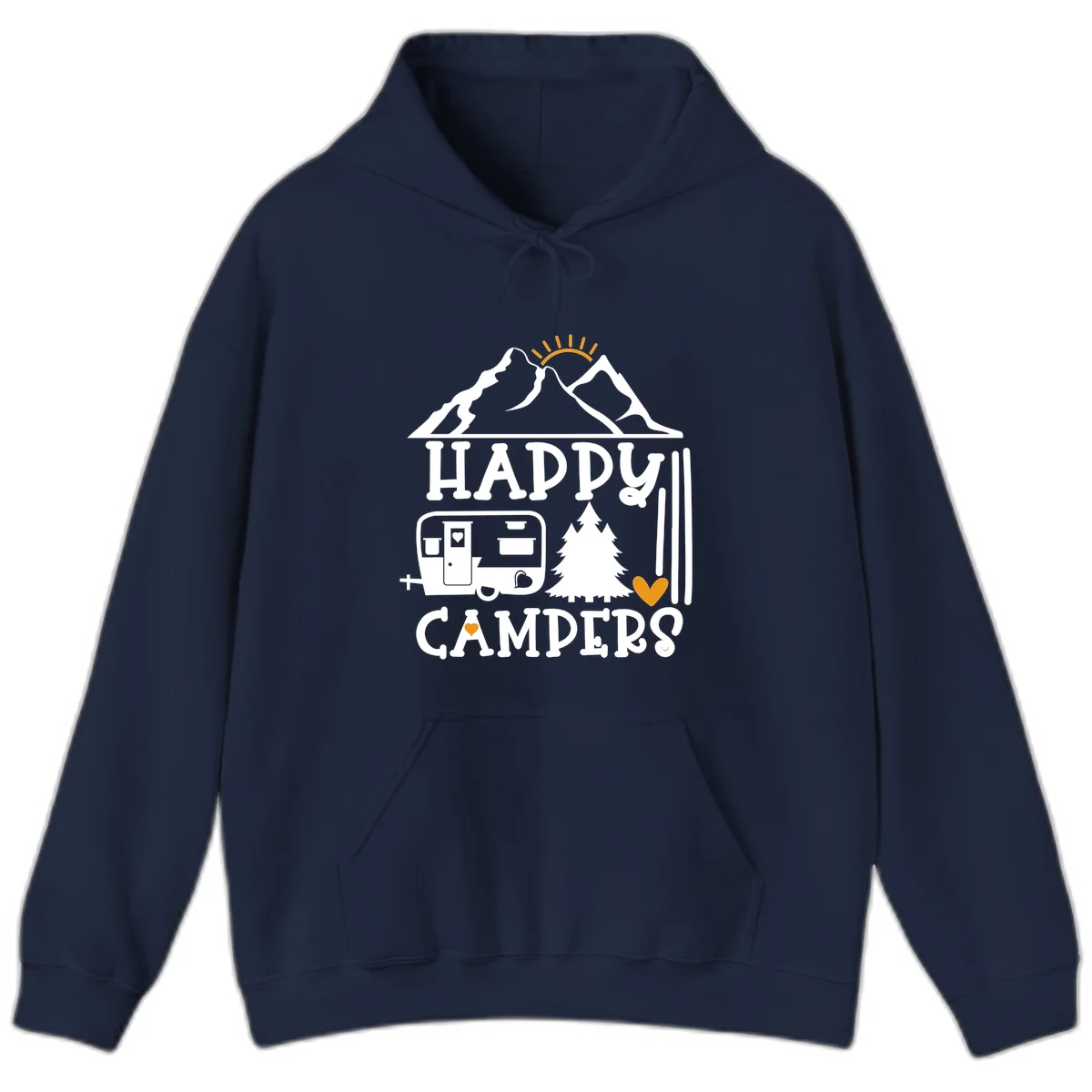 Happy Campers design with mountains, sun, RV trailer, evergreen tree, and gold hearts on gray background in Navy