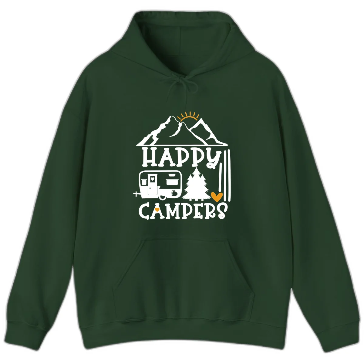 Happy Campers design with mountains, sun, RV trailer, evergreen tree, and gold hearts on gray background in Forest Green