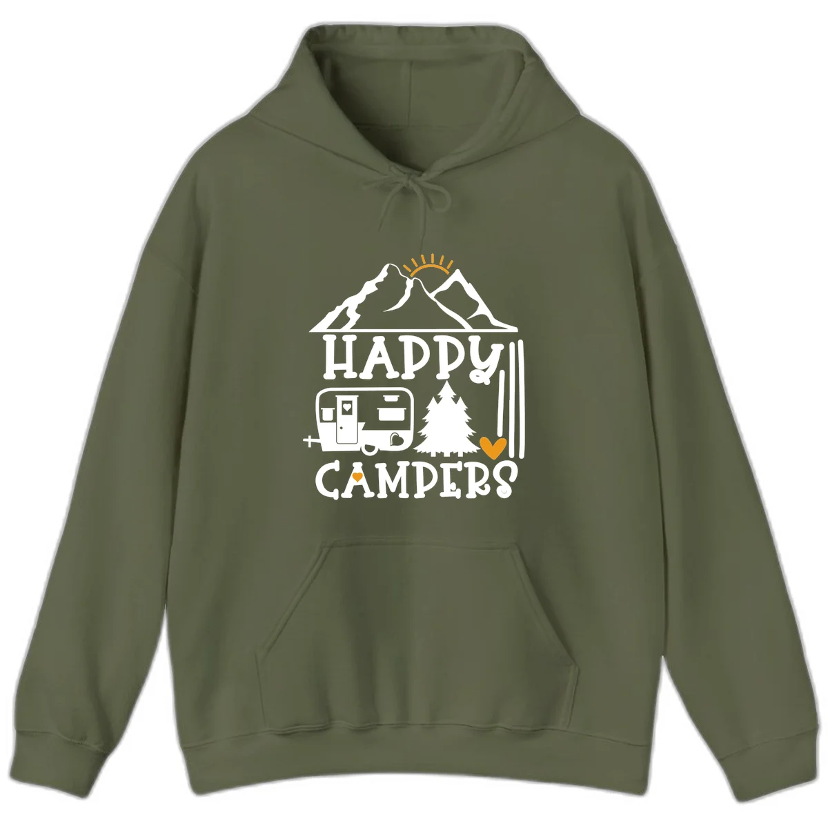 Happy Campers design with mountains, sun, RV trailer, evergreen tree, and gold hearts on gray background in Military Green