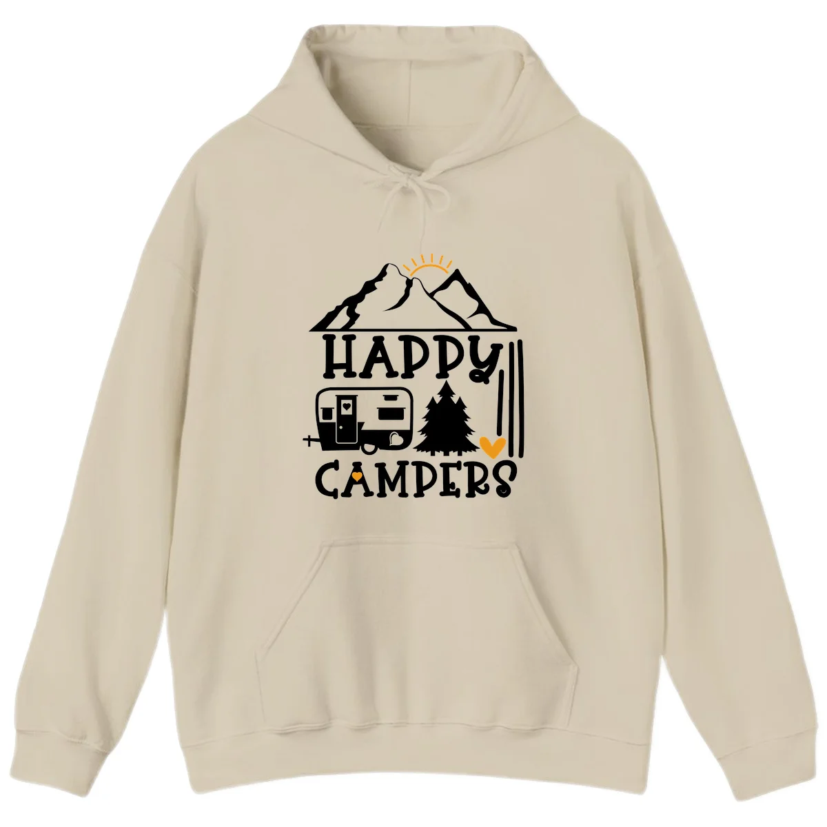 Happy Campers design with mountains, sun, RV trailer, evergreen tree, and gold hearts on gray background in Sand