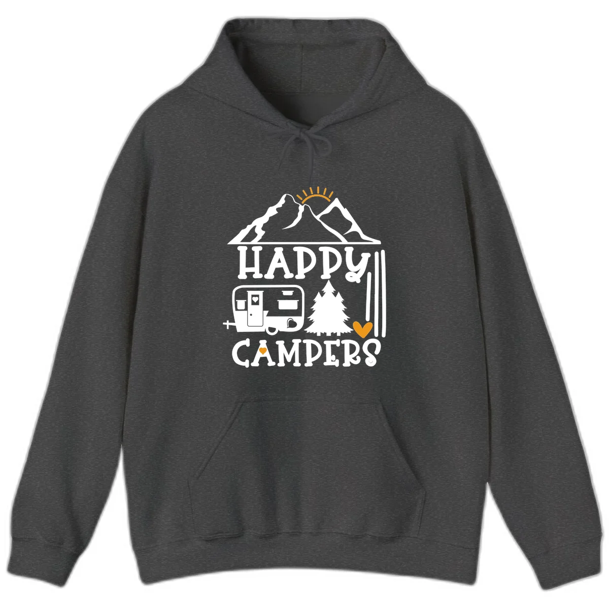 Happy Campers design with mountains, sun, RV trailer, evergreen tree, and gold hearts on gray background in Dark Heather
