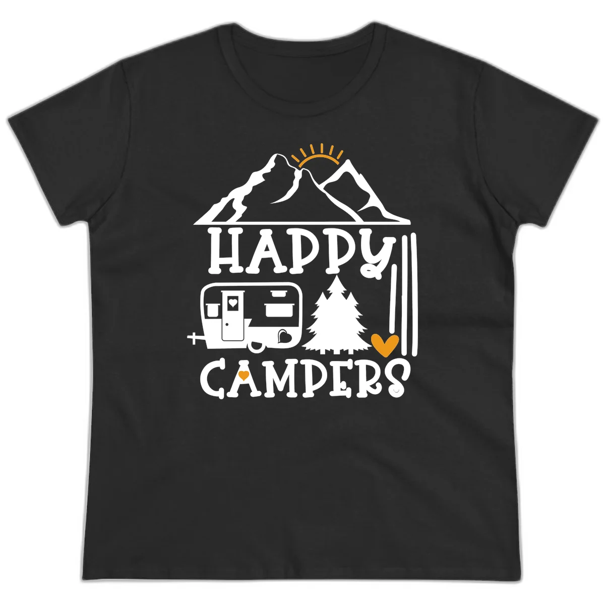 Happy Campers design with mountains, sun, RV trailer, evergreen tree, and gold hearts on gray background in Black