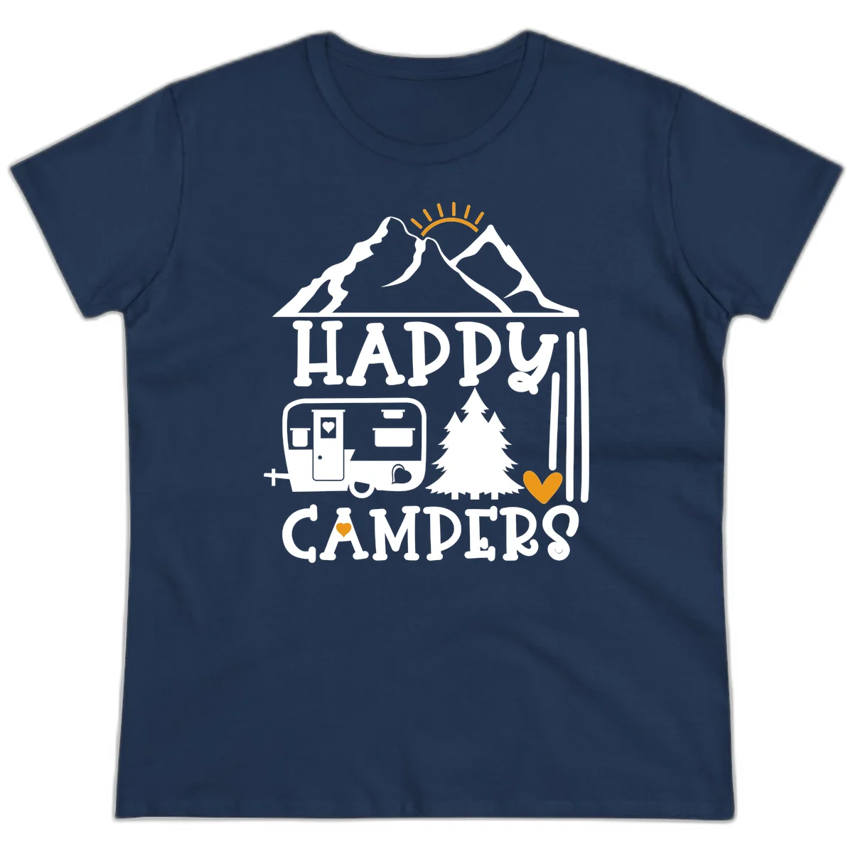 Happy Campers design with mountains, sun, RV trailer, evergreen tree, and gold hearts on gray background in Navy