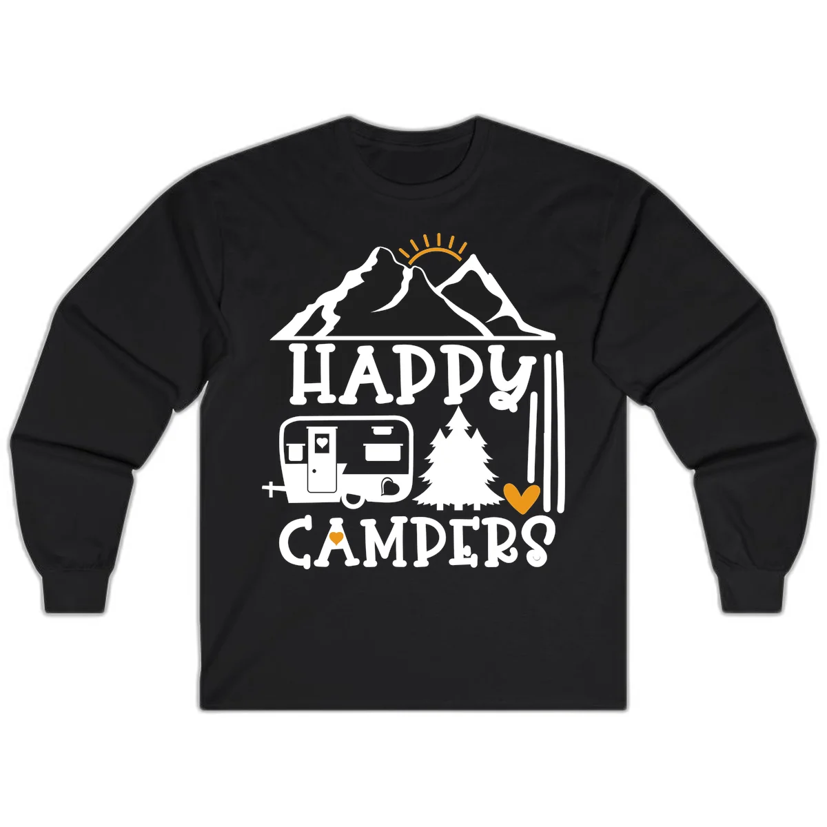 Happy Campers design with mountains, sun, RV trailer, evergreen tree, and gold hearts on gray background in Black