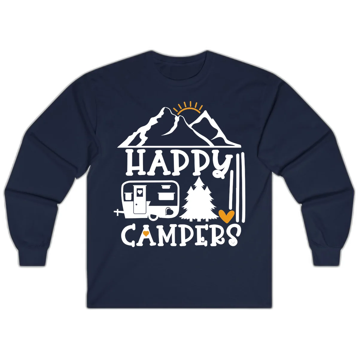 Happy Campers design with mountains, sun, RV trailer, evergreen tree, and gold hearts on gray background in Navy