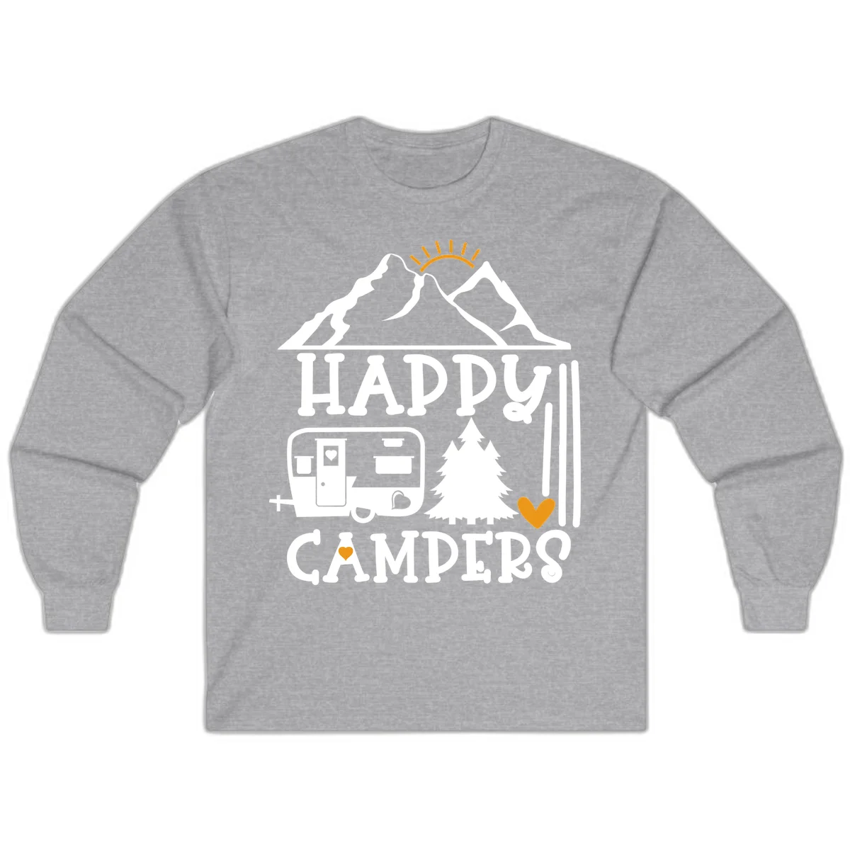 Happy Campers design with mountains, sun, RV trailer, evergreen tree, and gold hearts on gray background in Sport Grey