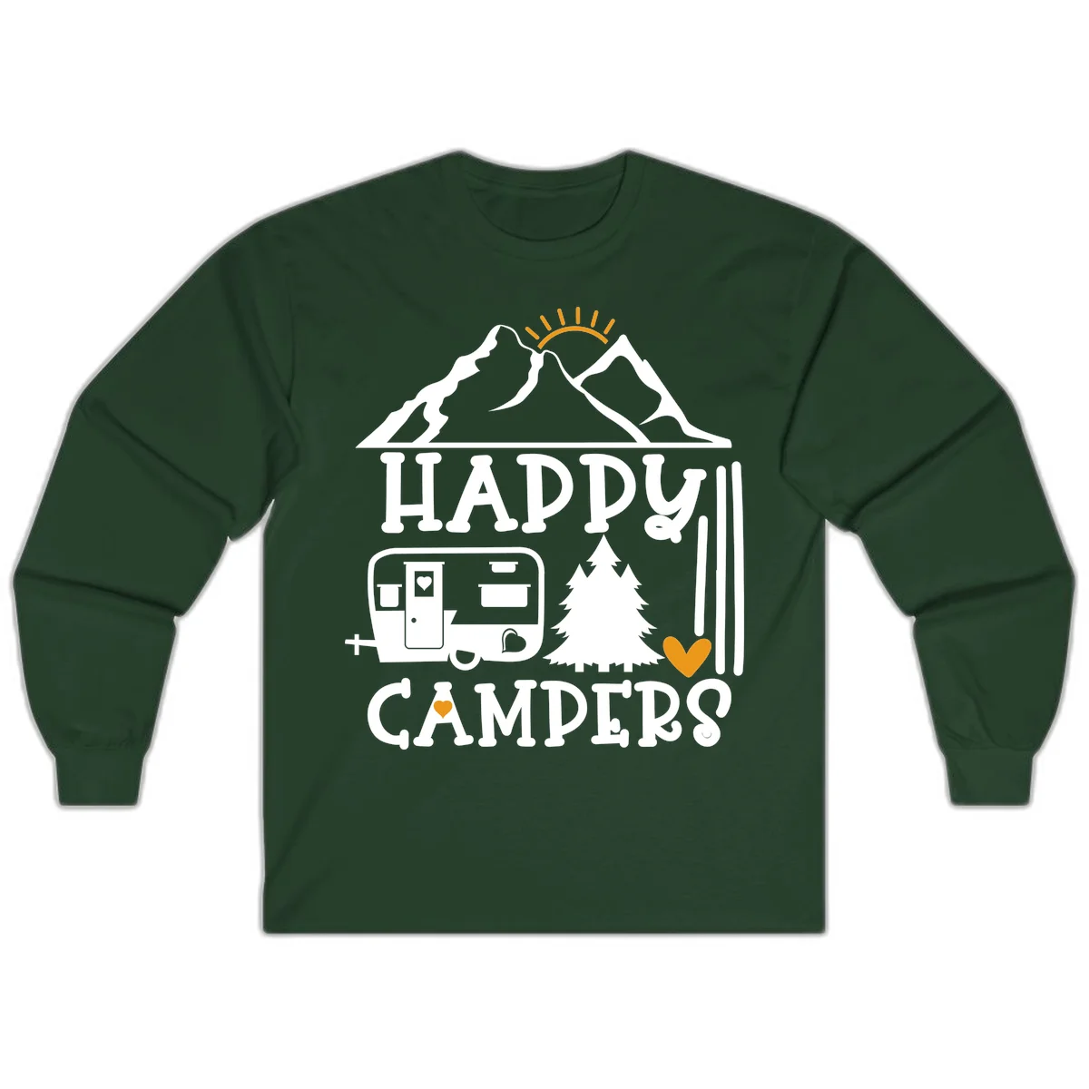 Happy Campers design with mountains, sun, RV trailer, evergreen tree, and gold hearts on gray background in Forest Green