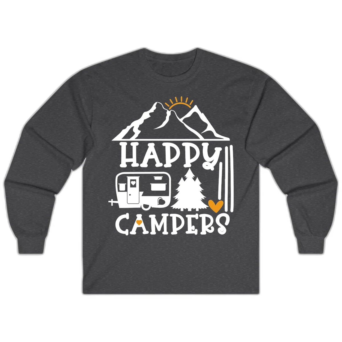 Happy Campers design with mountains, sun, RV trailer, evergreen tree, and gold hearts on gray background in Dark Heather