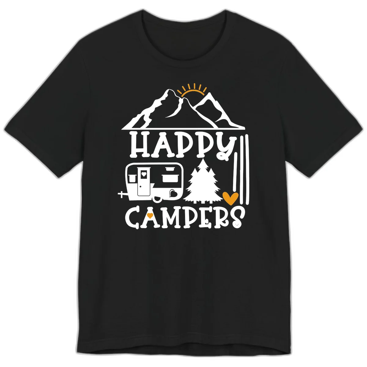 Happy Campers design with mountains, sun, RV trailer, evergreen tree, and gold hearts on gray background in Black