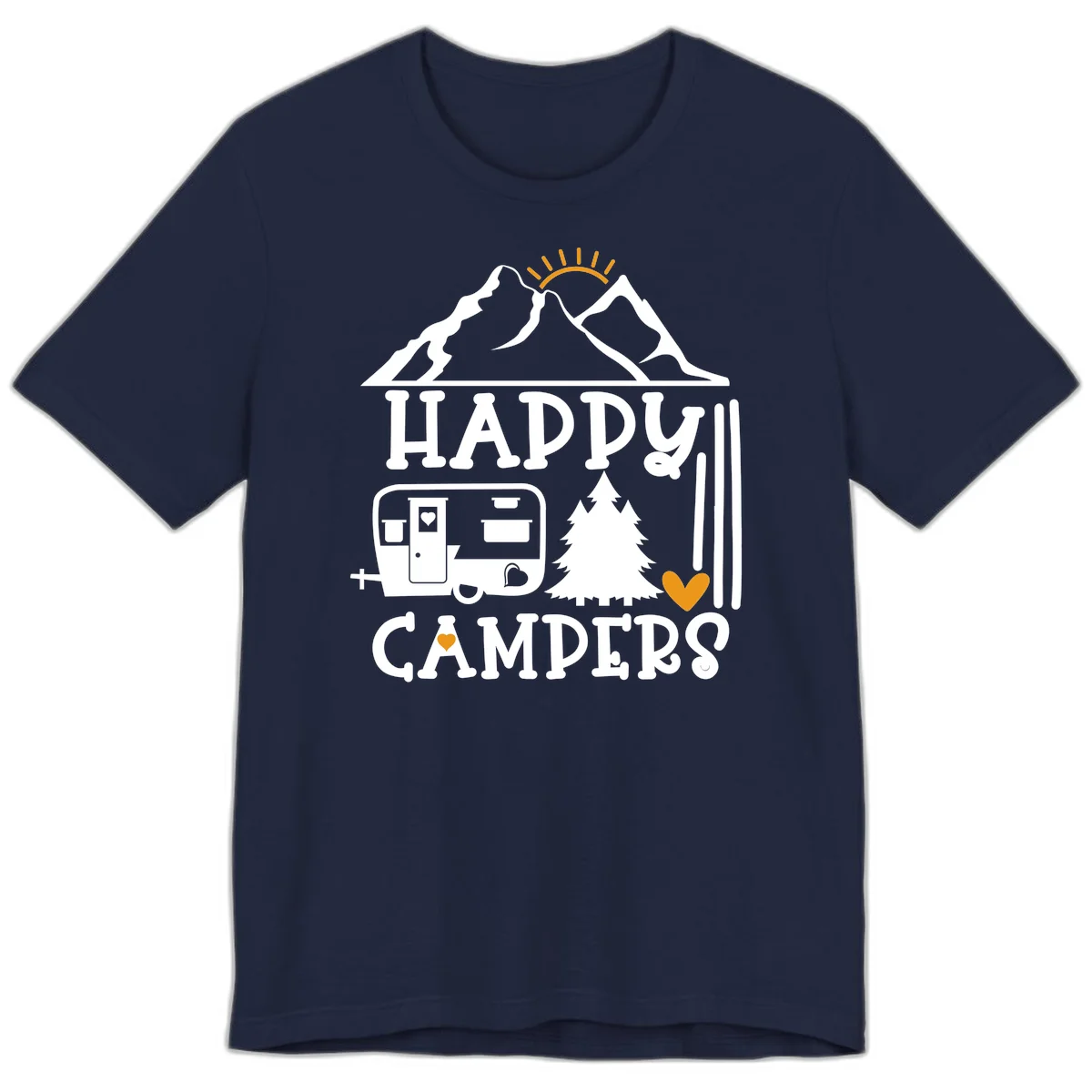 Happy Campers design with mountains, sun, RV trailer, evergreen tree, and gold hearts on gray background in Navy