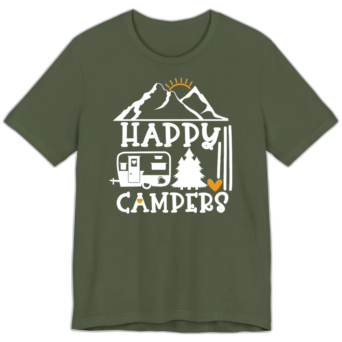 Happy Campers design with mountains, sun, RV trailer, evergreen tree, and gold hearts on gray background in Military Green