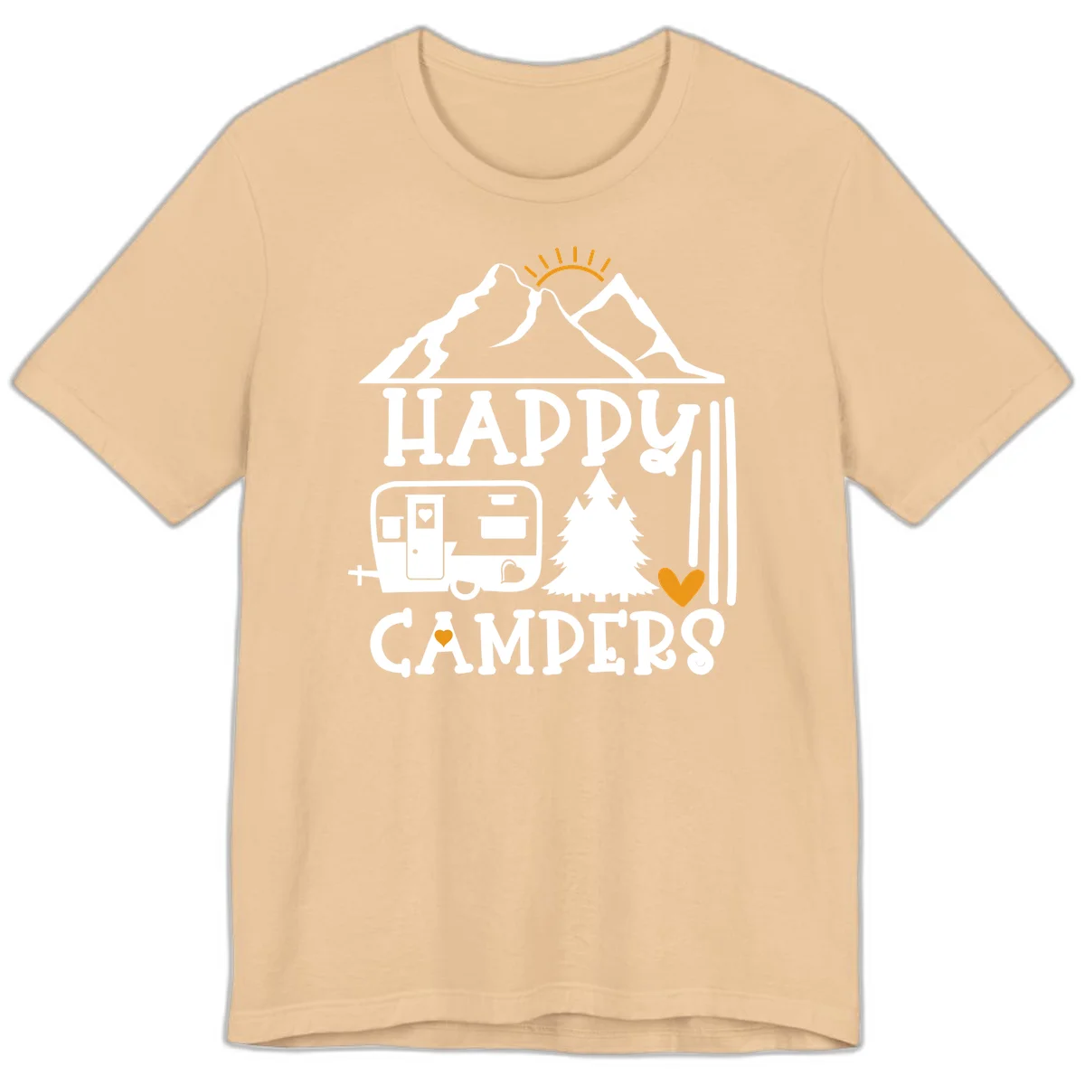 Happy Campers design with mountains, sun, RV trailer, evergreen tree, and gold hearts on gray background in Sand Dune