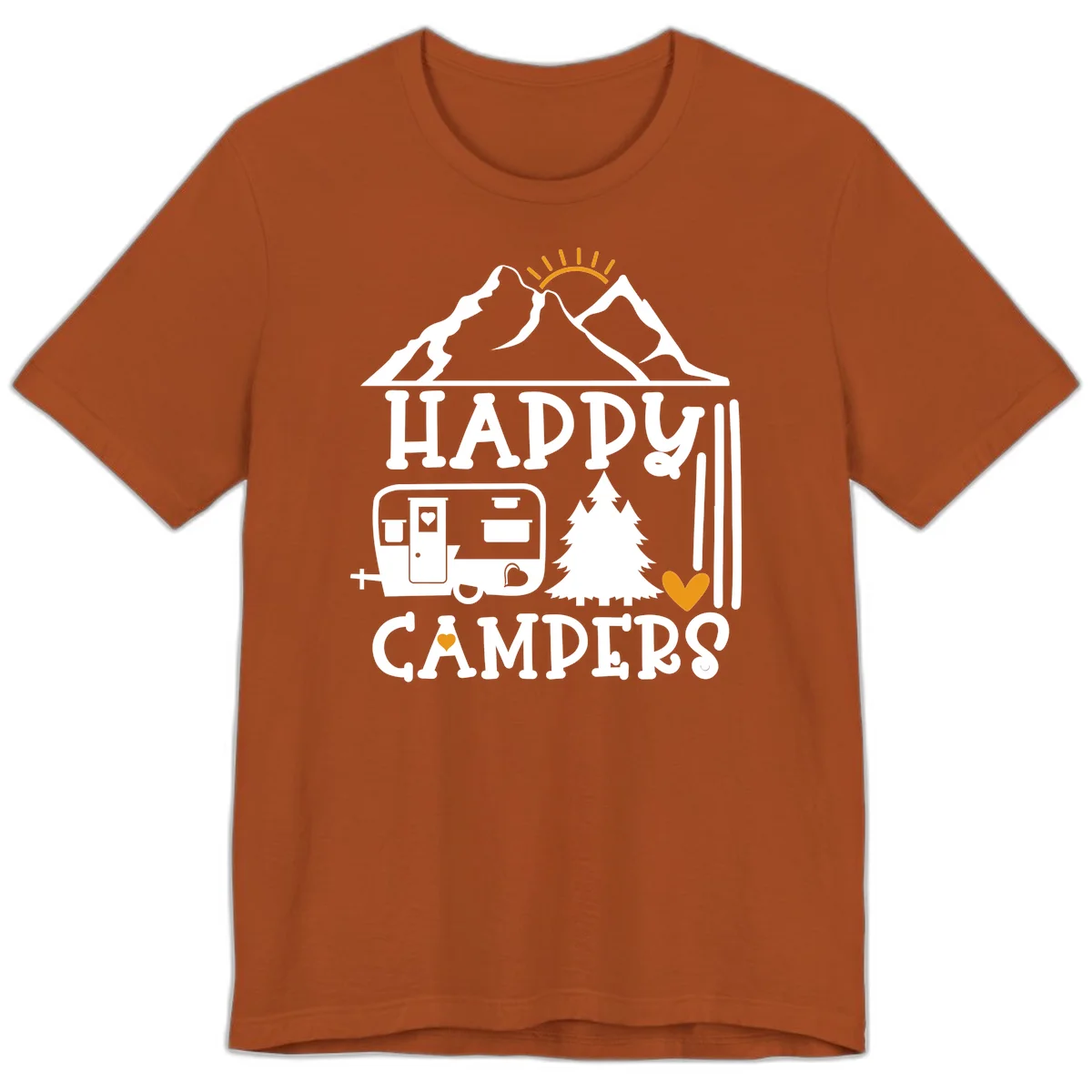 Happy Campers design with mountains, sun, RV trailer, evergreen tree, and gold hearts on gray background in Autumn
