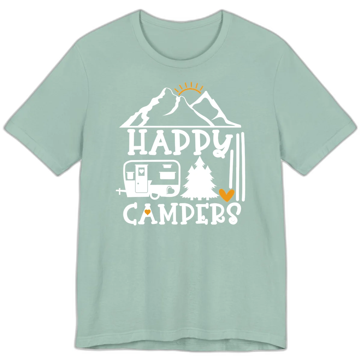Happy Campers design with mountains, sun, RV trailer, evergreen tree, and gold hearts on gray background in Dusty Blue