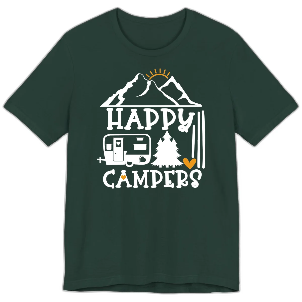 Happy Campers design with mountains, sun, RV trailer, evergreen tree, and gold hearts on gray background in Forest