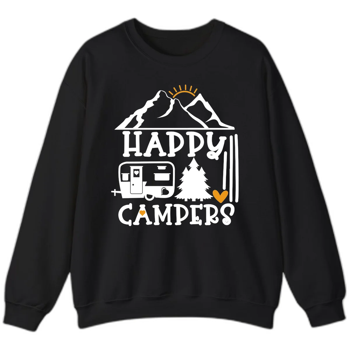 Happy Campers design with mountains, sun, RV trailer, evergreen tree, and gold hearts on gray background in Black