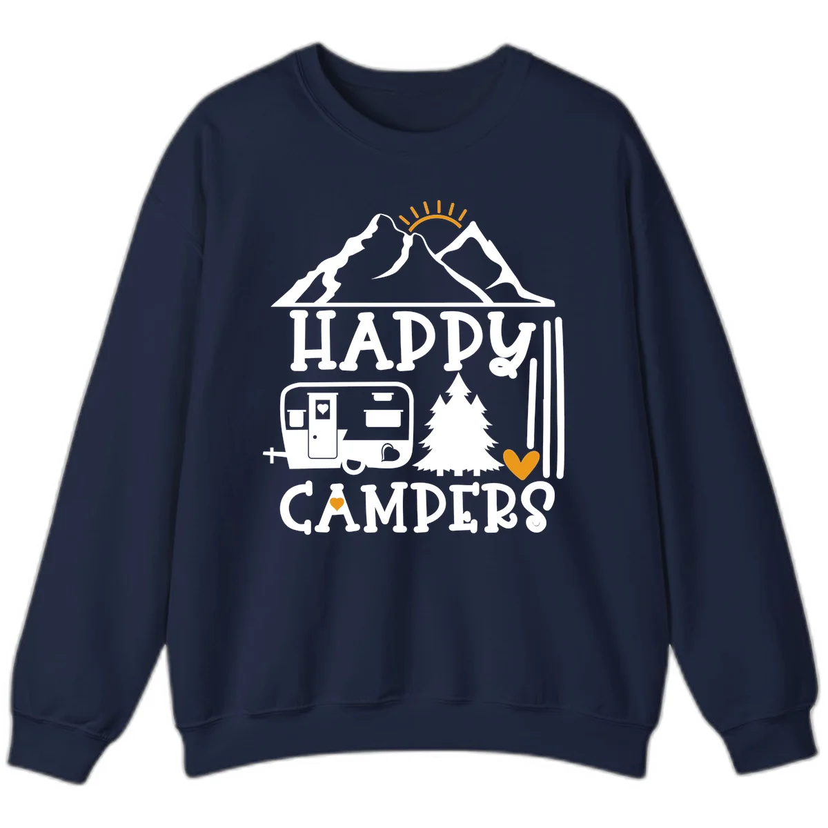 Happy Campers design with mountains, sun, RV trailer, evergreen tree, and gold hearts on gray background in Navy