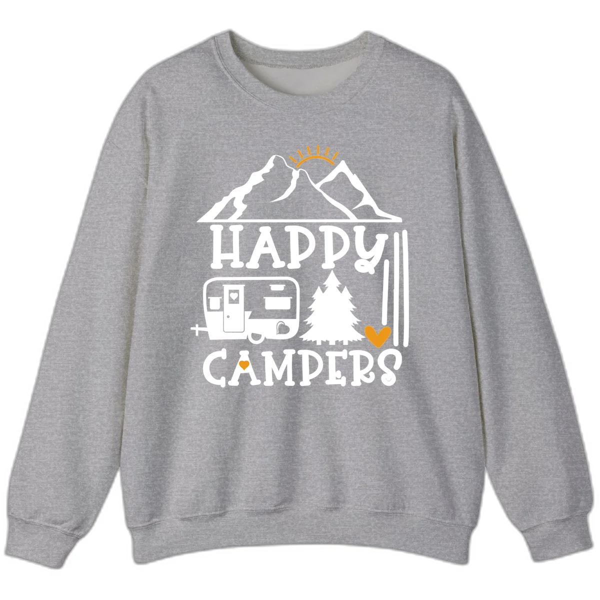Happy Campers design with mountains, sun, RV trailer, evergreen tree, and gold hearts on gray background in Sport Grey