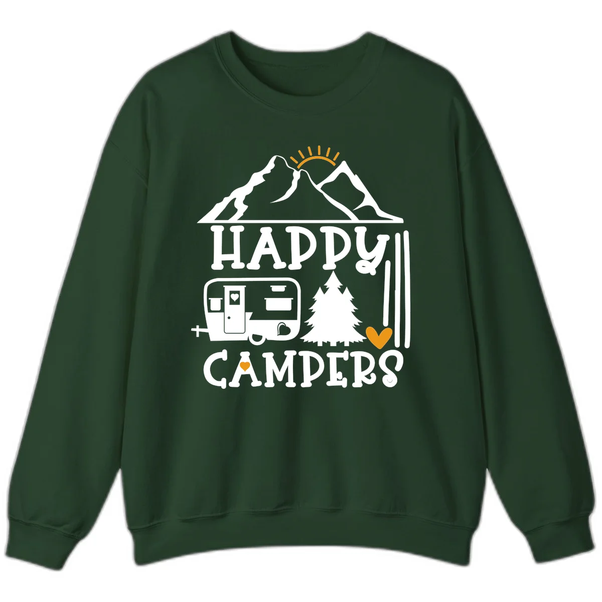 Happy Campers design with mountains, sun, RV trailer, evergreen tree, and gold hearts on gray background in Forest Green