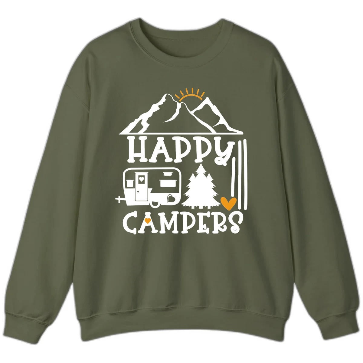 Happy Campers design with mountains, sun, RV trailer, evergreen tree, and gold hearts on gray background in Military Green